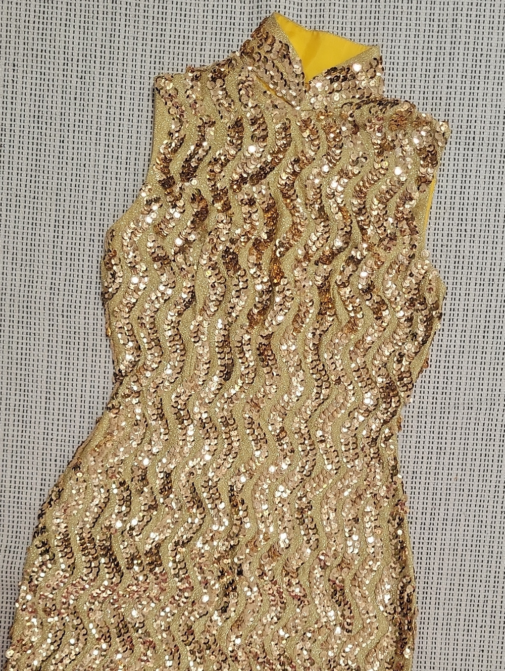 Vintage Gold Sequin Sleeveless Mock Neck  Mandarian Style Dress SMALL